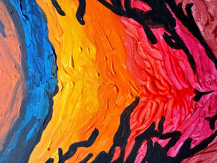 Abstract artwork in blue, orange, red and black
