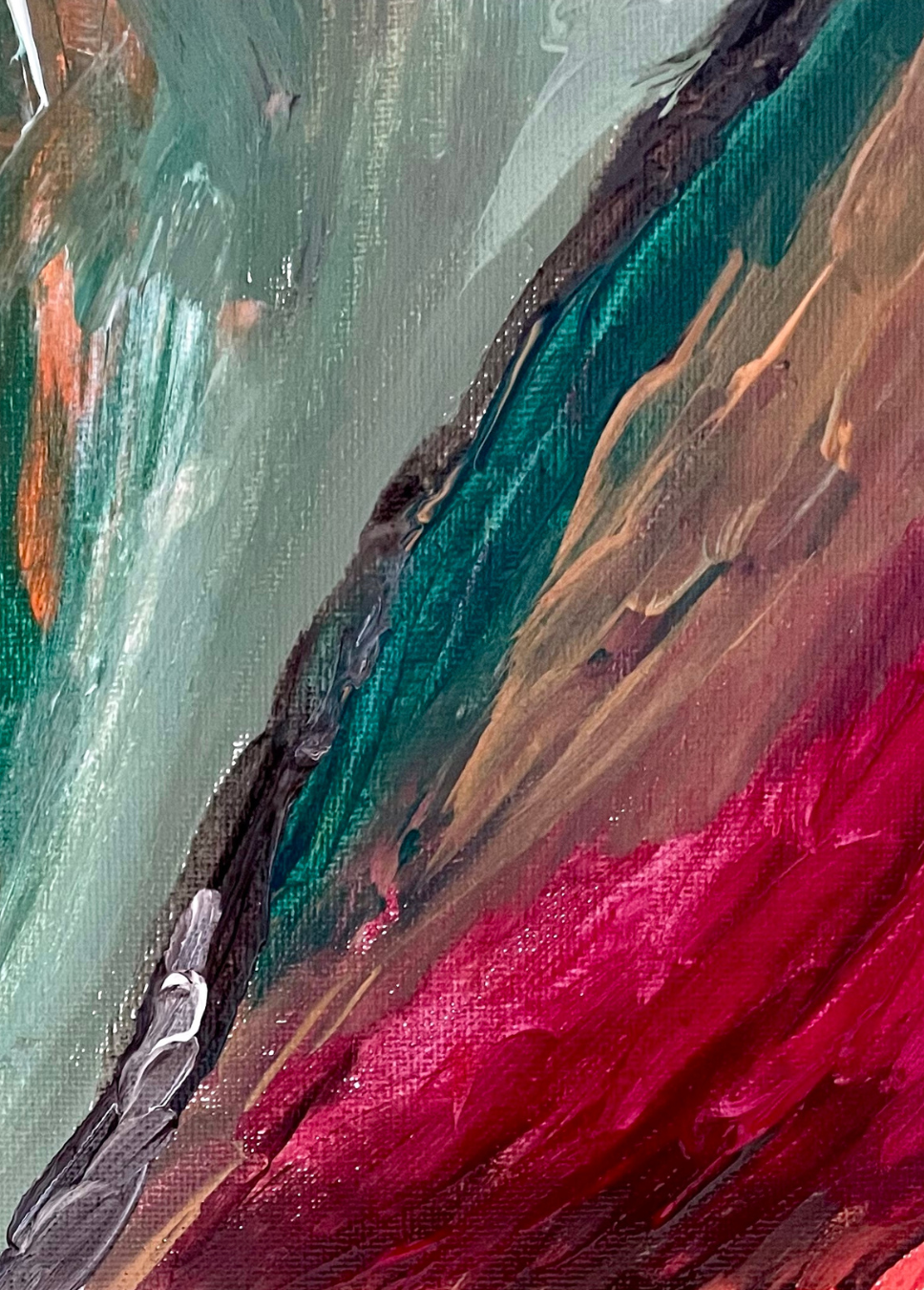 Abstract autumn artwork in teal, warm brown and magenta