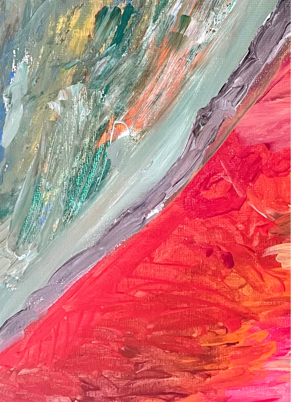 Abstract spring artwork in sage, gold, coral and deep teal