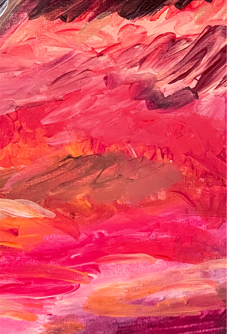 Abstract summer artwork in vivid coral, pink, orange and burgundy